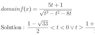 The domain of f(x)=(5t+1)/(sqrt(t^3-t^2-8t)) is (1-sqrt(33))/2 <t<0\lor t>(1+sqrt(33))/2